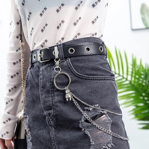 Punk style black leather belt with multi-layer silver chains and cute bear charm decoration