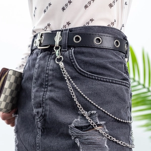 Punk black leather belt with silver eyelets and multi-layer bear pendant metal chains