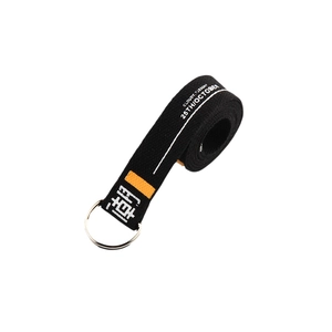 Canvas belt with metal double D-rings and white text printing on a black strap