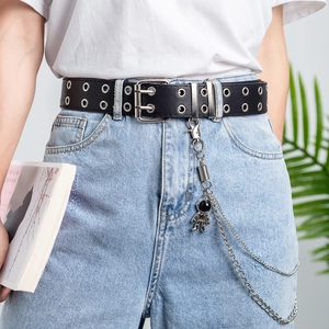 Women Punk Faux Leather Belt With Double Row Metal Eyelets Detachable Chains Astronaut Pendant Grommet Waistband Streetwear Hip Hop Belt