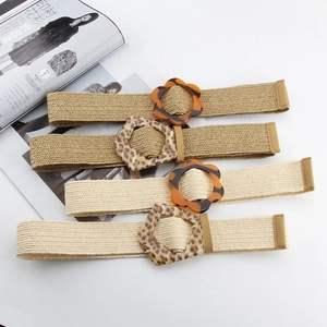 Cintura Intrecciata Boemia da Donna Con Fibbia a Fiore Leopardato Cinturino in Vita Elastico Stile Paglia per Decorazione Vestiti Accessori