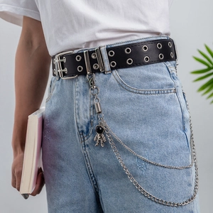 Punk black leather belt with double silver eyelets, metal chains and astronaut pendant
