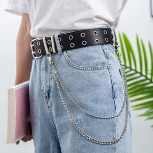 Punk style black PU leather double grommet belt with tiered silver metal chains for jeans