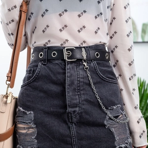 Punk style black leather belt with silver eyelets and detachable bear charm metal chain