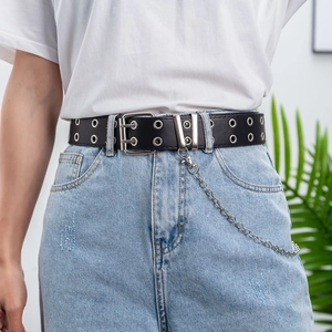 Black punk style double prong belt with silver metal chain and grommets for jeans