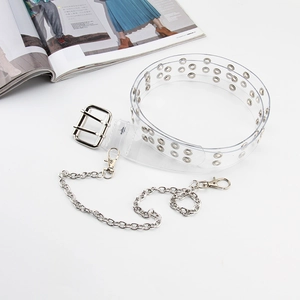 Cintura punk in PVC trasparente con doppi occhielli e catena in metallo argento