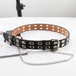 Ceinture à Double Œillet Style Punk pour Hommes Femmes Similicuir Streetwear Sangle de Taille Avec Chaîne Métallique Gothique