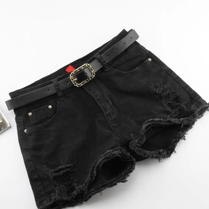 Black distressed denim shorts with frayed edges and a thin gold-buckle leather belt