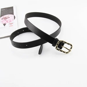 Elegant thin black leather belt with rectangular gold chain buckle for women dresses
