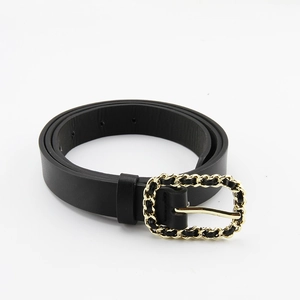 Classic slim black leather belt with golden metal chain rectangle pin buckle for women
