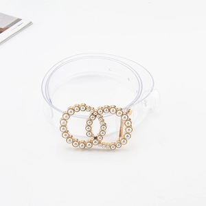 Cintura trasparente in PVC con fibbia a doppio anello dorata e decorazioni in perle