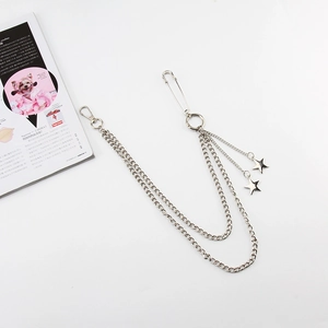 Double-layered silver metal pants chain with star pendants on a clean white background