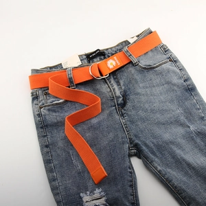 Ceinture orange en toile avec broderie marguerite et boucle à double anneau en D argent