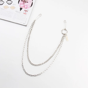 Double-layered silver metal pant chain with safety pin accents and ring pendant