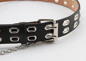 Ceinture noire à double œillets style punk avec chaîne en métal pour jeans et jupes