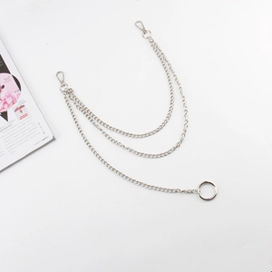 Close-up of triple-layered silver metal wallet chain with lobster clasps and a large ring