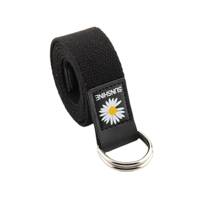 Ceinture en toile noire avec boucles doubles D argentées et motif marguerite