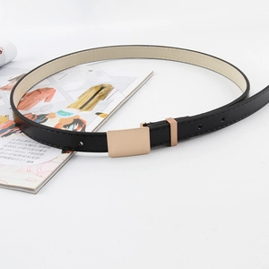 Close-up of minimalist black skinny belt with a smooth golden rectangular buckle