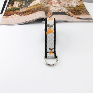 Fashion canvas belt with butterfly print and double D-ring buckle for jeans