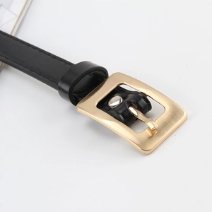 Vintage skinny black leather belt with champagne gold square pin buckle for dresses