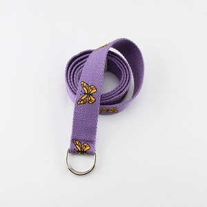 Purple canvas belt for women with yellow butterfly embroidery and silver D-ring buckle