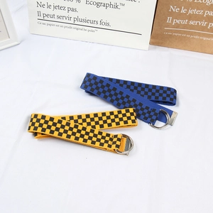 Ceinture Unisexe Mode en Tissu Tissé Damier Carreaux Avec Boucle Double Anneau en D Style Rétro Littéraire Sangle de Toile pour Hommes Femmes
