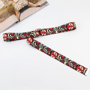 Ethnic style canvas belt with flame dragon print and double D-ring metal buckle