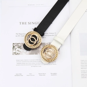 Ceintures femme en simili cuir avec boucle double cercle en strass dorés en noir et blanc
