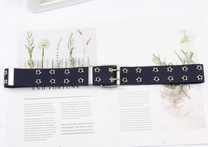 Detail of navy canvas belt with double-row star-shaped silver eyelets and twin pin buckle