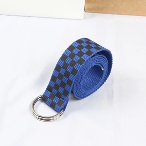 Ceinture unisexe en toile à damier bleu et noir avec boucle double anneau en D argentée