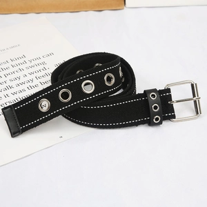 Unisex black canvas belt with silver grommets and square buckle on white background