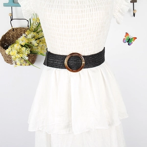 Schwarzer Damen-Flechtgürtel mit großer runder Harzschnalle im Bernstein-Look