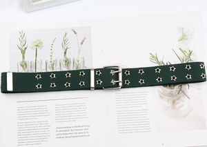 Deep green canvas belt featuring double-row star eyelets and a silver metal buckle
