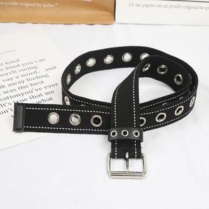 Unisex Hip Hop Canvas Belt With Double Row Metal Grommets Casual Hollow Punk Style Contrast Stitching Waistband For Jeans
