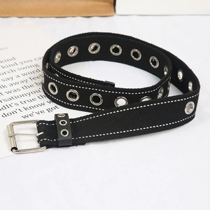 Canvas belt with white contrast stitching, silver alloy buckle, and full metal eyelets