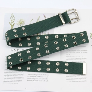 Deep green canvas belt with double-prong silver buckle and star-shaped metal eyelets