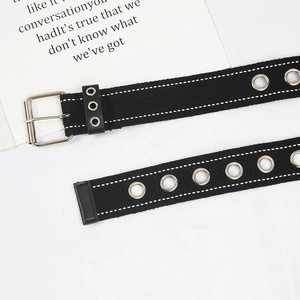 Unisex black canvas double grommet belt with silver needle buckle and white stitching