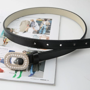 Ceinture élégante en cuir noir avec boucle perles et strass pour robes et jeans