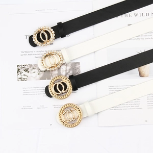 Ceintures fines en cuir pour femmes avec boucles doubles cercles serties de strass fins