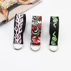 Streetwear Canvas Belt Double D Ring Buckle Fashion Flame Dragon Print Waist Belt Retro Woven Fabric Decorative Belt Unisex Casual Accessory