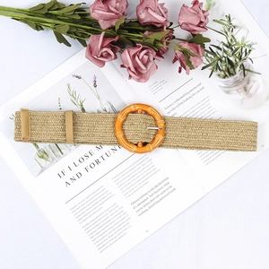 Beige woven belt for women with orange bamboo-textured round resin buckle and leather ends