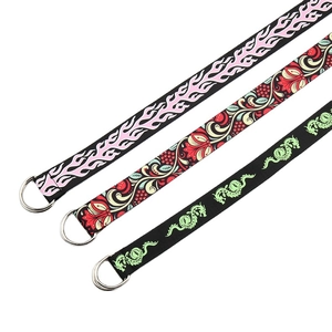 Canvas flame and dragon print belts with silver double D-ring buckles for street style