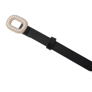Ceinture fine en cuir noir pour femme avec boucle rectangulaire en perles et strass