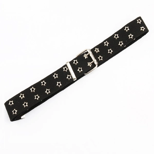 Black canvas belt featuring double-row star-shaped metal eyelets and a silver double-pin buckle