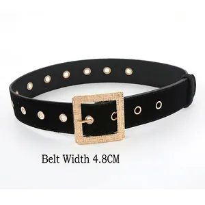 Fashionable black velvet waist belt with gold square buckle and studs, 4.8cm width