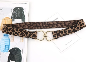 Detailed macro of leopard print elastic waist belt with horseshoe golden buckle