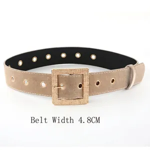 Fashionable 4.8cm wide velvet waist belt for women with golden woven square buckle
