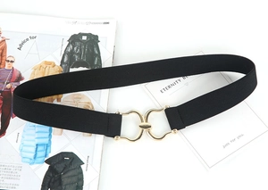Detail of black elastic belt with golden horseshoe buckle on a fashion magazine