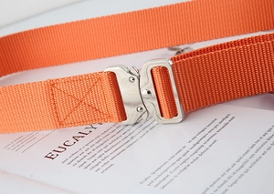 Close-up of orange nylon tactical belt with quick-release silver metal cobra buckle