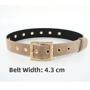 Detail view of 4.3cm wide khaki velvet waist belt with golden square frosted metal buckle